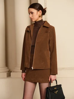 COMMENSE Suede Zipper Jacket With Shoulder Pads* Outerwear|Jackets