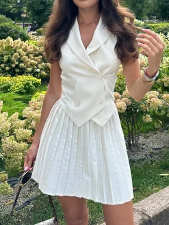 COMMENSE Suit Waistcoat With Pleated Mini Skirt Set* Skirt Sets|Long Sleeve Sets