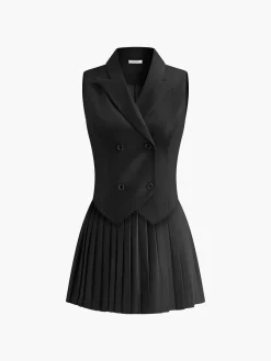 COMMENSE Suit Waistcoat With Pleated Mini Skirt Set* Skirt Sets|Long Sleeve Sets