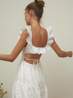 COMMENSE Sundrenched Cotton Eyelet Embroidered Long Dress* White Dresses|Casual Dresses