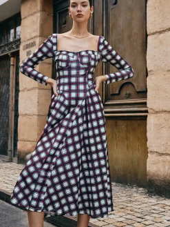 COMMENSE Sweetheart Plaid Pleated Dress* Casual Dresses|Long Dresses