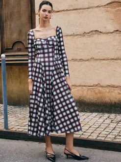 COMMENSE Sweetheart Plaid Pleated Dress* Casual Dresses|Long Dresses