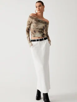 COMMENSE Terracotta Tulle Mesh Off Shoulder Long Sleeve Crop Top* Crop Tops|T-shirts