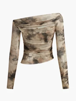 COMMENSE Terracotta Tulle Mesh Off Shoulder Long Sleeve Crop Top* Crop Tops|T-shirts