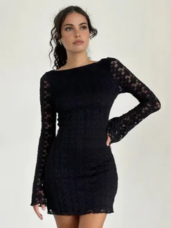 COMMENSE Textured Lace Short Dress* Black Dresses|Casual Dresses