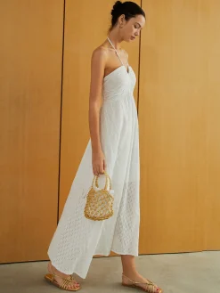 COMMENSE Textured Shirred Halter Knotted Vacation Long Dress* White Dresses|Casual Dresses
