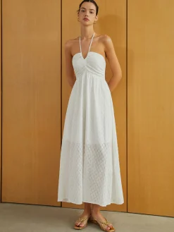 COMMENSE Textured Shirred Halter Knotted Vacation Long Dress* White Dresses|Casual Dresses