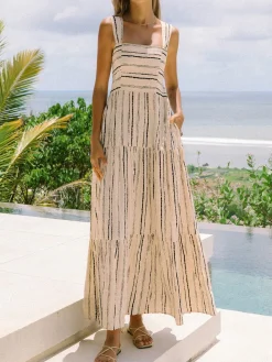 COMMENSE Tie Back Stripe Pockets Dress* Casual Dresses|Vacation Dresses