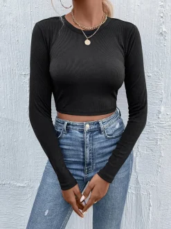 COMMENSE Tie Beck Skinny Crop Blouse* Crop Tops|Blouses & Shirts