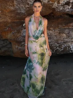 COMMENSE Tie Dye Print Halter Backless Skirt Set* Skirt Sets|Long Sleeve Sets
