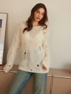 COMMENSE Tie Front Hollow Shift Sweater* Sweater Tops|Sweaters & Cardigans