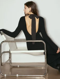 COMMENSE Tie Neck Open Back Long Dress* Black Dresses|Casual Dresses