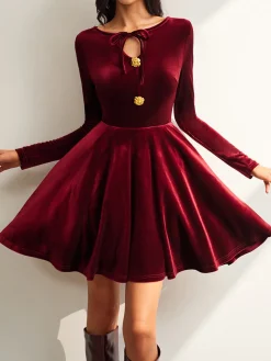 COMMENSE Tie Neck Velvet Pleated Dress* Casual Dresses|Vacation Dresses