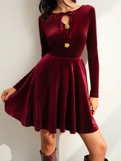 COMMENSE Tie Neck Velvet Pleated Dress* Casual Dresses|Vacation Dresses