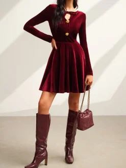 COMMENSE Tie Neck Velvet Pleated Dress* Casual Dresses|Vacation Dresses
