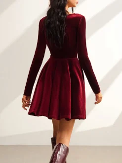 COMMENSE Tie Neck Velvet Pleated Dress* Casual Dresses|Vacation Dresses