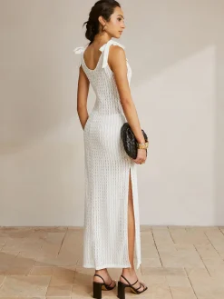 COMMENSE Tie Shoulder Slit Ribbed Long Dress* White Dresses|Casual Dresses