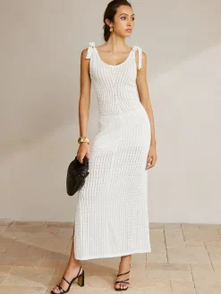 COMMENSE Tie Shoulder Slit Ribbed Long Dress* White Dresses|Casual Dresses