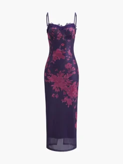 COMMENSE Tied Lace Trim Floral Mesh Long Dress* Casual Dresses|Floral Dresses