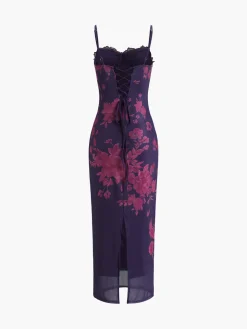 COMMENSE Tied Lace Trim Floral Mesh Long Dress* Casual Dresses|Floral Dresses