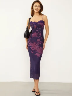COMMENSE Tied Lace Trim Floral Mesh Long Dress* Casual Dresses|Floral Dresses
