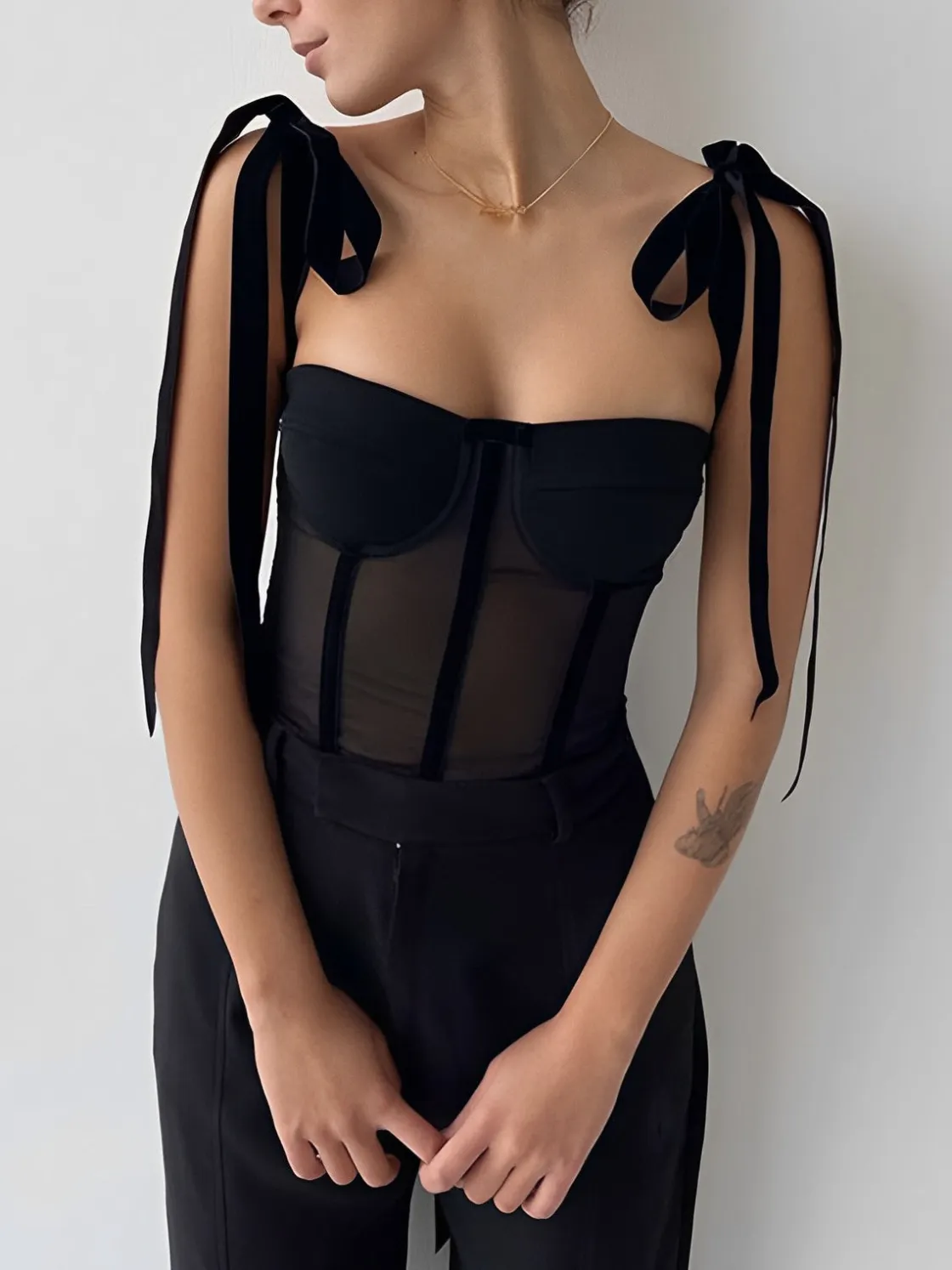 COMMENSE Tied Mesh Corset Crop Top* Corset Tops|Crop Tops