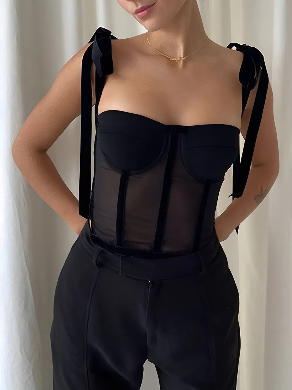 COMMENSE Tied Mesh Corset Crop Top* Corset Tops|Crop Tops