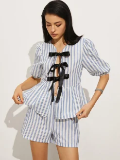 COMMENSE Tie-Front Stripe Shorts Set* Shorts Sets|Shorts