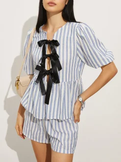 COMMENSE Tie-Front Stripe Shorts Set* Shorts Sets|Shorts