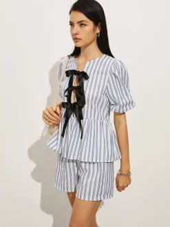 COMMENSE Tie-Front Stripe Shorts Set* Shorts Sets|Shorts