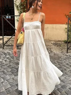 COMMENSE Tiered Cami Long Dress* White Dresses|Casual Dresses