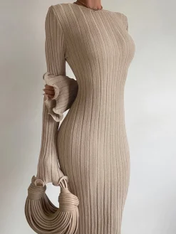 COMMENSE Tranquility Rib Open Back Long Sleeve Long Dress* Sweater Dresses|Sweater Dresses
