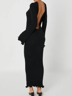 COMMENSE Tranquility Rib Open Back Long Sleeve Long Dress* Sweater Dresses|Sweater Dresses
