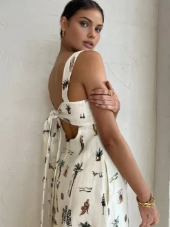 COMMENSE Tropical Print Knotted Long Dress* White Dresses|Casual Dresses