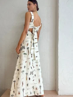 COMMENSE Tropical Print Knotted Long Dress* Casual Dresses|Vacation Dresses