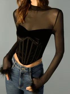 COMMENSE Tulle Panel Velvet Crop Blouse* Crop Tops|Blouses & Shirts