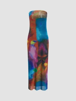 COMMENSE Tulle Printed Mesh Strapless Tube Midi Dress* Cocktail & Party Dresses|Vacation Dresses