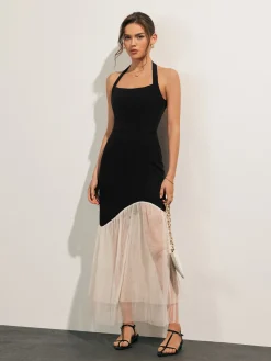 COMMENSE Tulle-Hem Slim Halter Long Dress* White Dresses|Casual Dresses