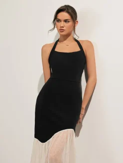 COMMENSE Tulle-Hem Slim Halter Long Dress* White Dresses|Casual Dresses