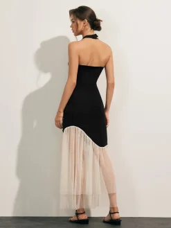 COMMENSE Tulle-Hem Slim Halter Long Dress* White Dresses|Casual Dresses