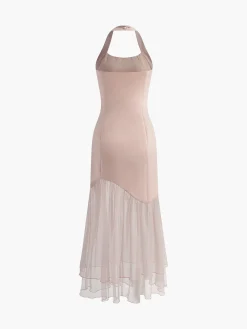 COMMENSE Tulle-Hem Slim Halter Long Dress* White Dresses|Casual Dresses