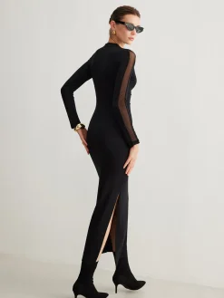 COMMENSE Tulle-Sleeve Plain Slim Dress* Black Dresses|Casual Dresses