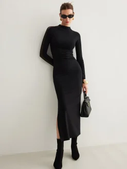 COMMENSE Tulle-Sleeve Plain Slim Dress* Black Dresses|Casual Dresses