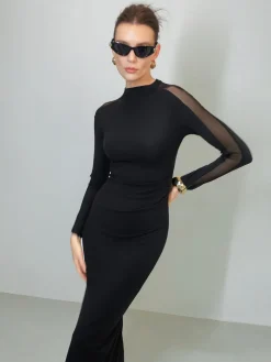 COMMENSE Tulle-Sleeve Plain Slim Dress* Black Dresses|Casual Dresses