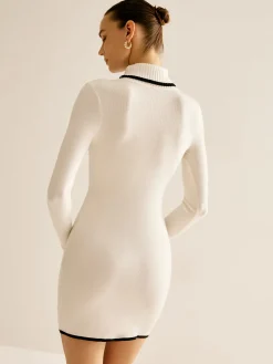 COMMENSE Turtleneck Contrast Trim Sweater Dress* White Dresses|Sweater Dresses