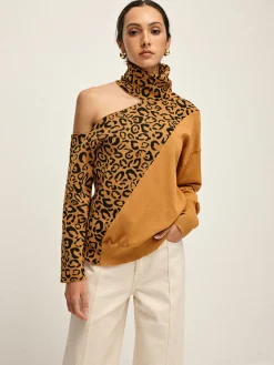 COMMENSE Turtleneck Cutout Leopard Patchwork Knit Top* Sweater Tops|Sweaters & Cardigans