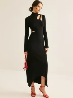 COMMENSE Turtleneck Cutout Slim Dress* Black Dresses|Casual Dresses