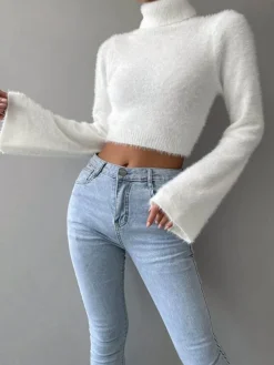 COMMENSE Turtleneck Fuzzy Crop Blouse* Crop Tops|Blouses & Shirts