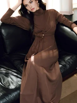 COMMENSE Turtleneck Knotted Pleated Long Dress* Cocktail & Party Dresses|Long Dresses