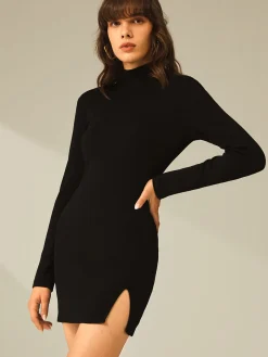 COMMENSE Turtleneck Long Sleeve Mini Dress with Slit and Ribbed Paneling* Black Dresses|Sweater Dresses
